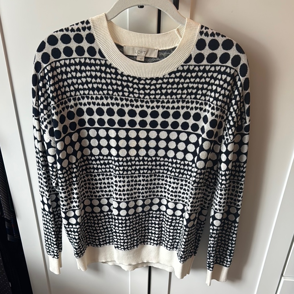 LOFT Black and White Patterned Crew Neck Sweater